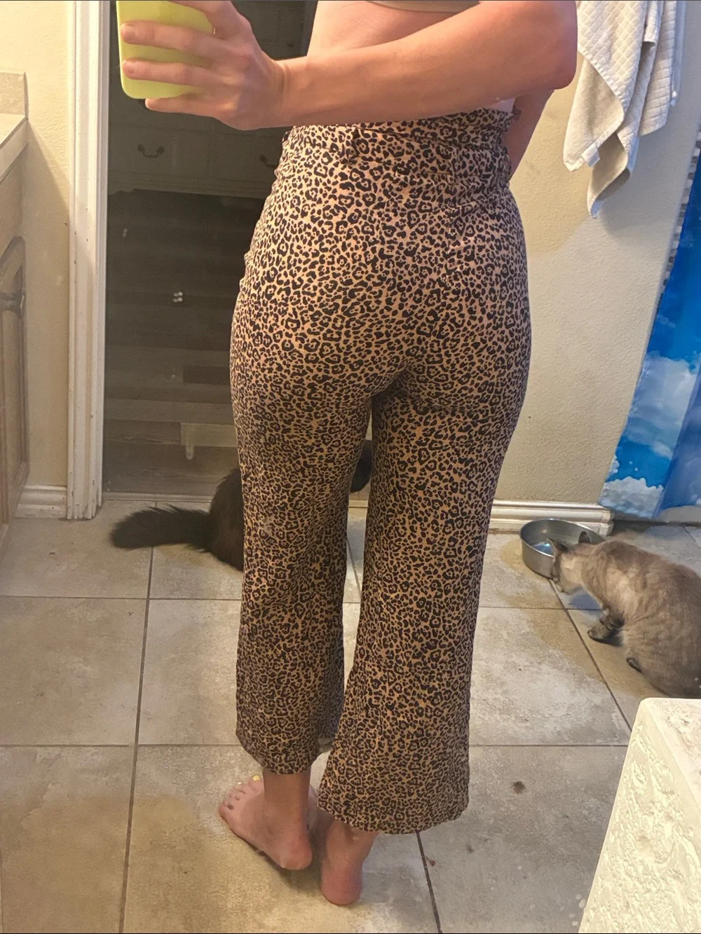 Ref 100% linen leopard print high rise belted paper bag waist wide leg crop pant